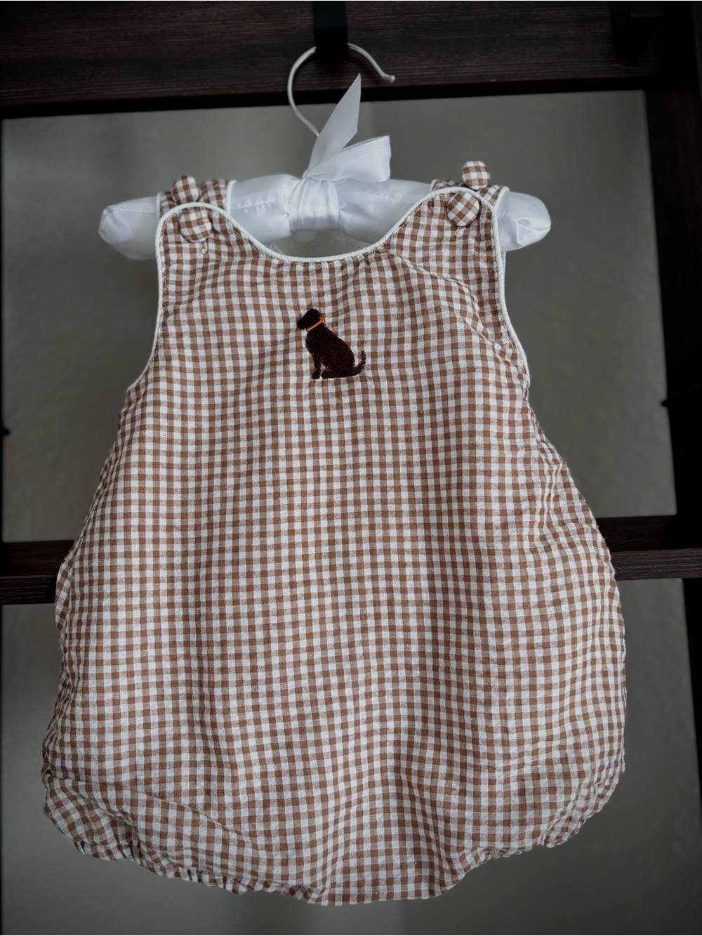 Brown Gingham Diaper Cover with Puppy Embroidery